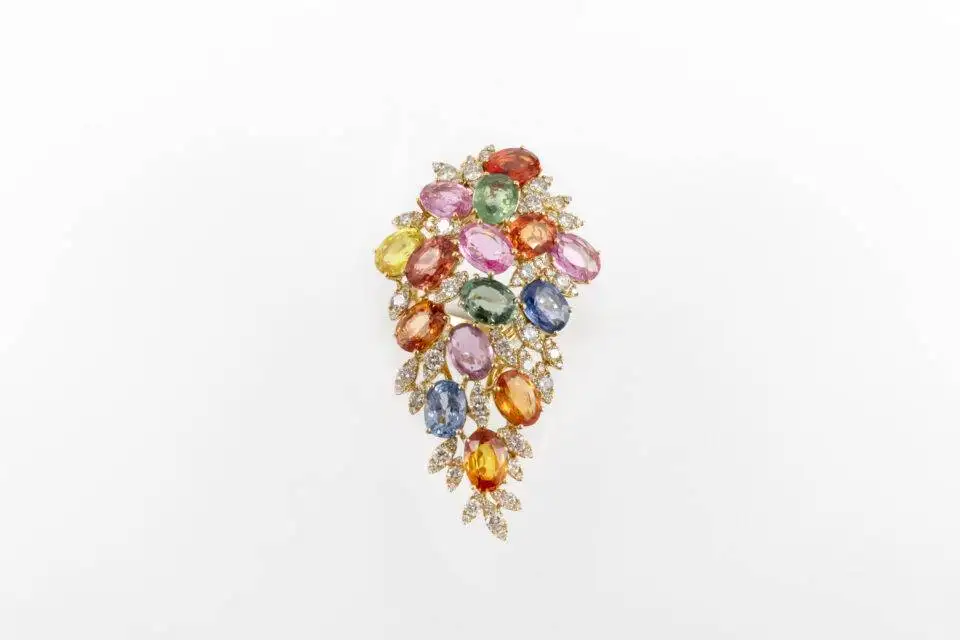 Anel de Diamante com Pedras Coloridas em Ouro Amarelo 18k