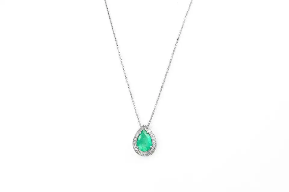 Colar Esmeralda Gota em Ouro Branco 18k