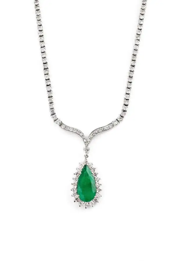 Colar Riviera com Esmeralda e Diamantes em Ouro Branco 18k