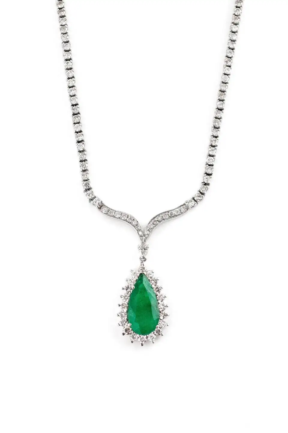 Colar Riviera com Esmeralda e Diamantes em Ouro Branco 18k