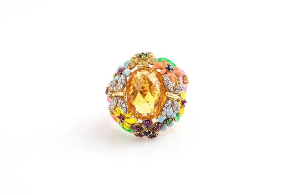 Anel de Flor com Diamantes e Pedras Coloridas em Ouro Amarelo 18K